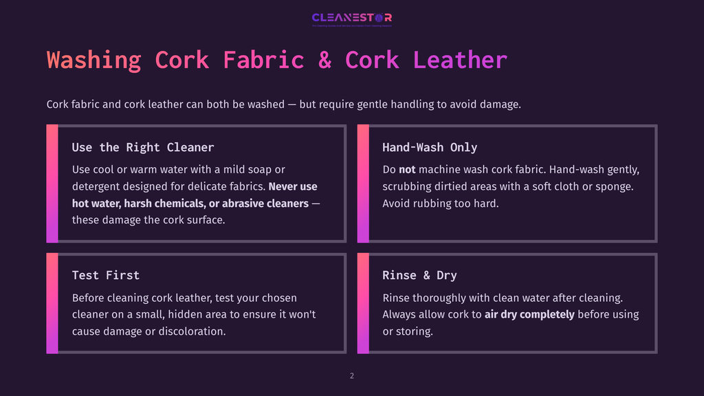 Infographic With Title &Quot;Washing Cork Fabric &Amp; Cork Leather&Quot; Detailing How To Clean And Care For Cork Fabric And Cork Leather, With Sections On Use The Right Cleaner, Hand-Wash Only, Test First, And Rinse &Amp; Dry.