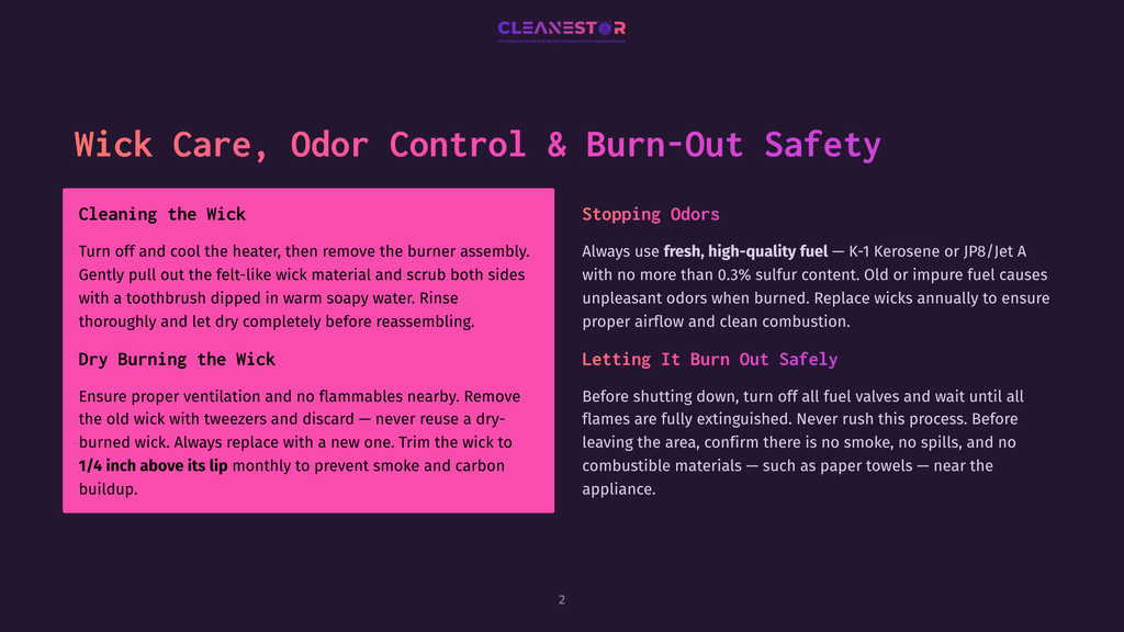 Dark Purple Background With White Text Detailing Wick Care, Odor Control, And Burn-Out Safety For Cleanestor Products. Includes Instructions For Cleaning The Wick And Burner Assembly, And Advice For Stopping Odors With Proper Fuel And Ventilation.