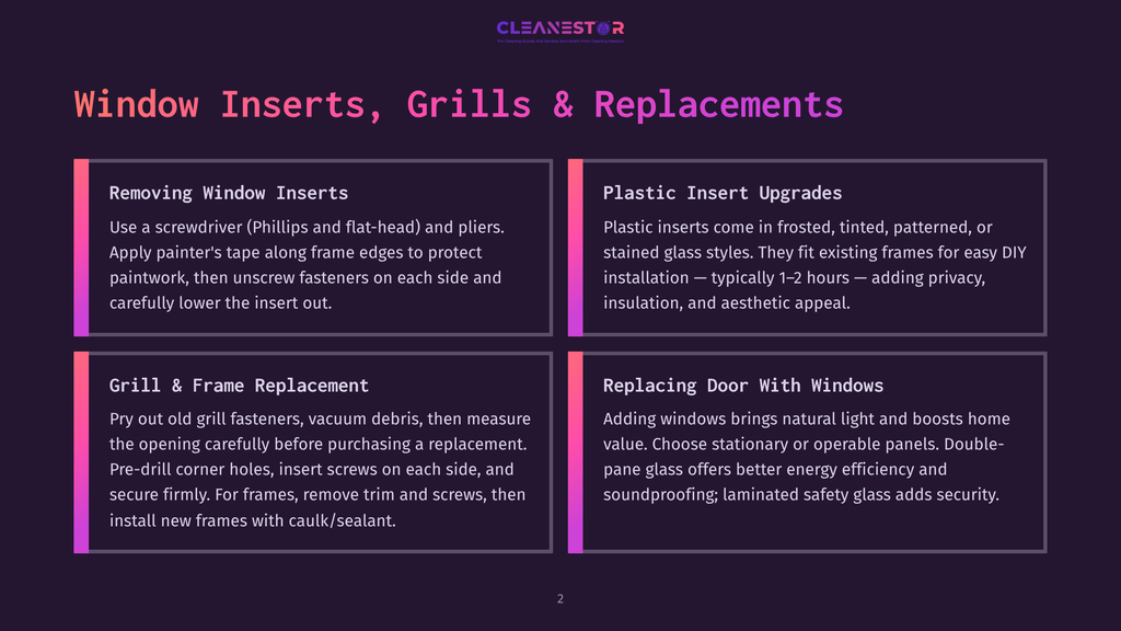 A Dark Purple Background With Four White Text Boxes Detailing Window Inserts, Grills, And Replacements. The Top Left Box Is Titled &Quot;Removing Window Inserts,&Quot; The Top Right Is &Quot;Plastic Insert Upgrades,&Quot; The Bottom Left Is &Quot;Grill &Amp; Frame Replacement,&Quot; And The Bottom Right Is &Quot;Replacing Door With Windows.