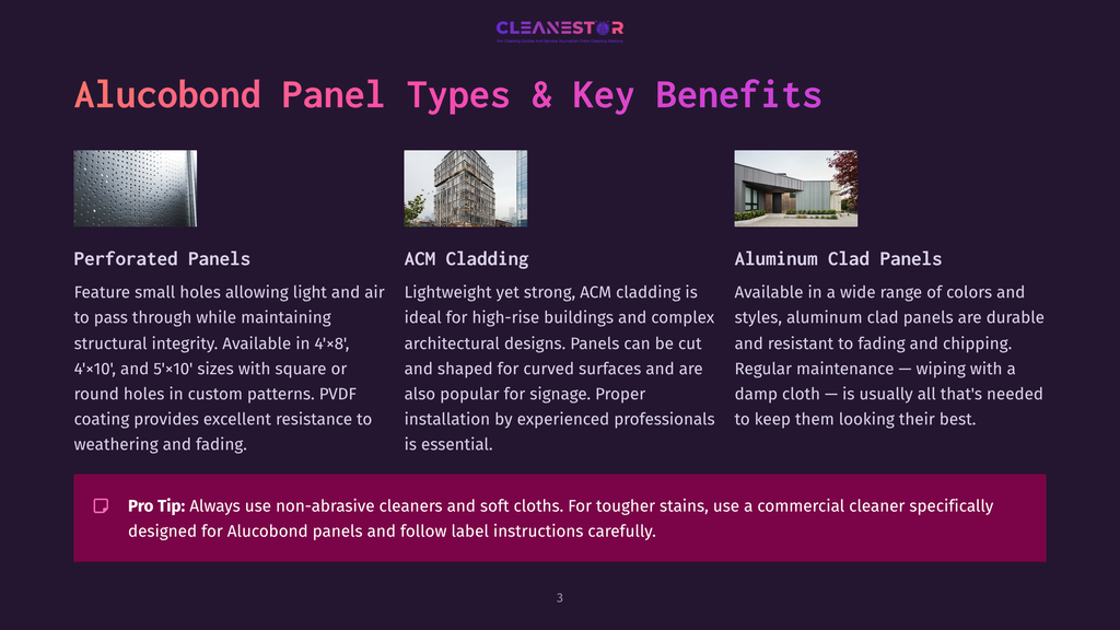 Alucobond Panel Types And Benefits: Perforated Panels, Acm Cladding, And Aluminum Clad Panels Are Shown With Descriptions And A Pro Tip About Cleaning.