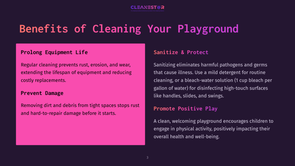 Benefits Of Cleaning Your Playground: Prolonged Equipment Life, Prevent Damage, Sanitize &Amp; Protect, And Promote Positive Play. The Text Is On A Dark Purple Background With A Pink Box On The Left Detailing The First Two Benefits.