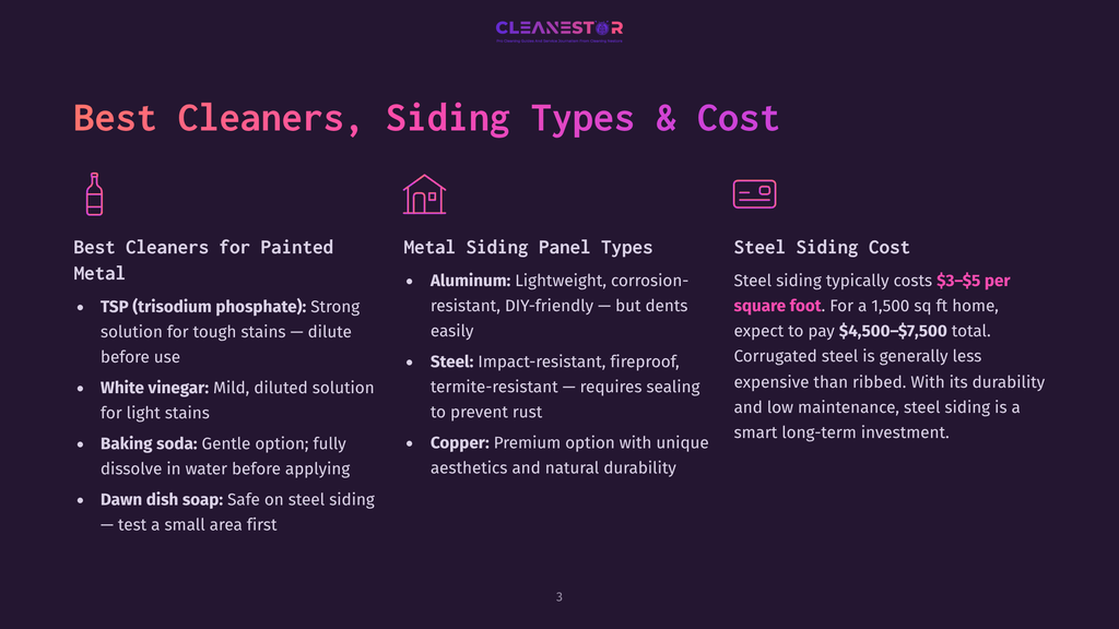 Dark Purple Background With Text About &Quot;Best Cleaners, Siding Types &Amp; Cost.&Quot; Sections Detail Cleaners For Painted Metal, Siding Panel Types (Aluminum, Steel, Copper), And Steel Siding Cost.