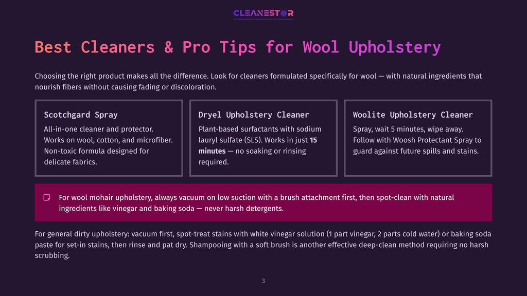 Cleanestor Graphic With Title &Quot;Best Cleaners &Amp; Pro Tips For Wool Upholstery&Quot; And Three Product Boxes: Scotchgard Spray, Dryel Upholstery Cleaner, And Woolite Upholstery Cleaner. Below Is A Tip For Mohair Upholstery.