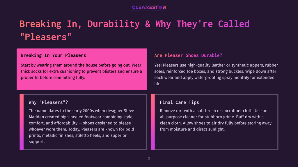 A Pink And Purple Graphic With The Title &Quot;Breaking In, Durability &Amp; Why They'Re Called &Quot;Pleasers&Quot;&Quot; And Sections On &Quot;Breaking In Your Pleasers,&Quot; &Quot;Why &Quot;Pleasers&Quot;?&Quot;, &Quot;Are Pleaser Shoes Durable?&Quot;, And &Quot;Final Care Tips.