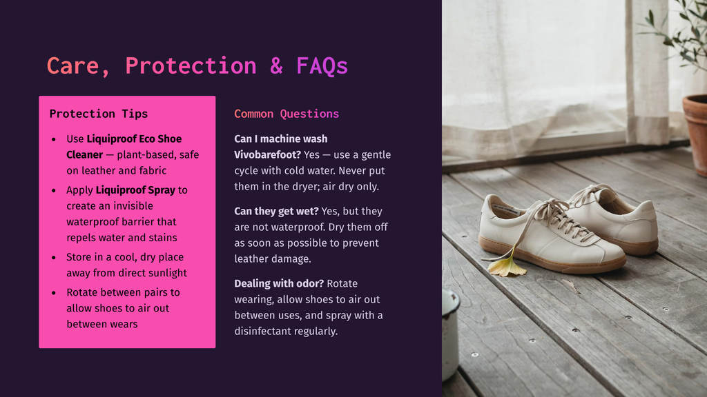A Pair Of Light-Colored Leather Vivobarefoot Shoes Sit On A Wooden Floor Next To A Small Green Plant. The Image Is Accompanied By Text About Shoe Care And Faqs.