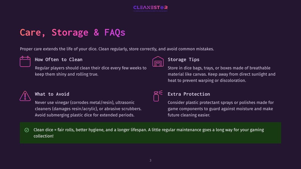 3 Care Storage And Faqs A Dark Purple Background With The Text &Quot;Cleanestor&Quot; At The Top, Followed By &Quot;Care, Storage &Amp; Faqs&Quot;. The Text Details Include How Often To Clean Dice, Storage Tips, What To Avoid, And Extra Protection.
