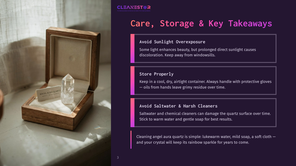 A Clear, Faceted Angel Aura Quartz Crystal Rests In A Polished Wooden Box Lined With Dark Fabric. A Small Card Reads &Quot;Angel Aura Quartz.