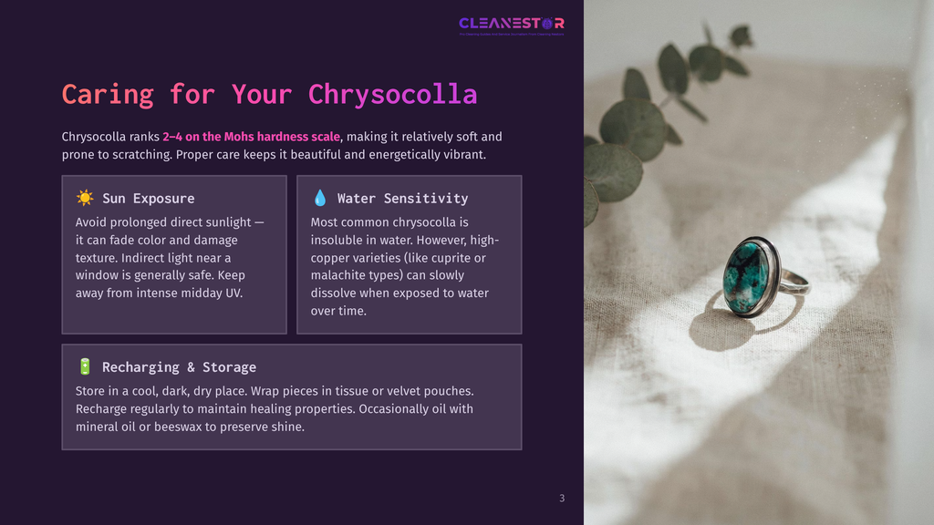 Close-Up Of A Chrysocolla Ring With A Vibrant Teal-Green Stone, Set In A Silver Band, Resting On A Textured Fabric Surface With Draped Eucalyptus Leaves.