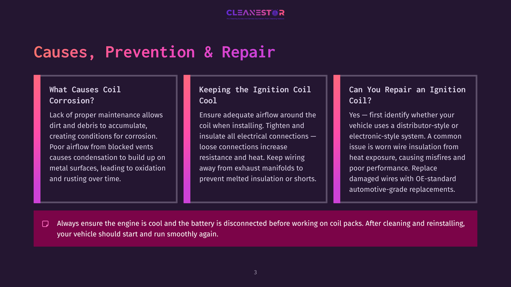 Infographic Detailing Causes, Prevention, And Repair Of Coil Corrosion In Vehicles. Text Highlights Dirt, Debris, Poor Airflow, And Loose Connections As Causes, And Proper Maintenance And Oe-Grade Replacements For Prevention And Repair.
