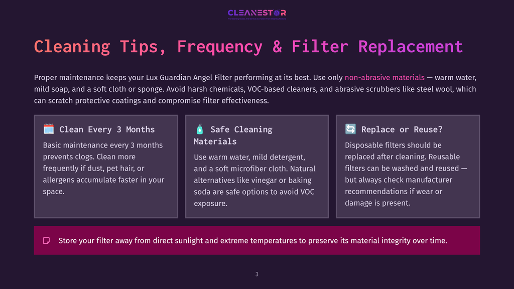 Infographic With Tips For Cleaning And Replacing Lux Guardian Angel Filters: &Quot;Clean Every 3 Months,&Quot; &Quot;Safe Cleaning Materials,&Quot; And &Quot;Replace Or Reuse?&Quot; With Icons.