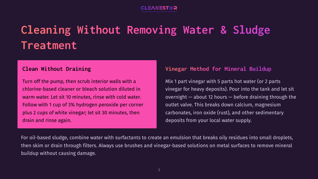 Diagram Outlining Cleaning Methods For Removing Water And Sludge, Detailing A Two-Part Process Involving A Chlorine-Based Cleaner Or Bleach Solution Followed By A Vinegar-Based Solution For Mineral Buildup.