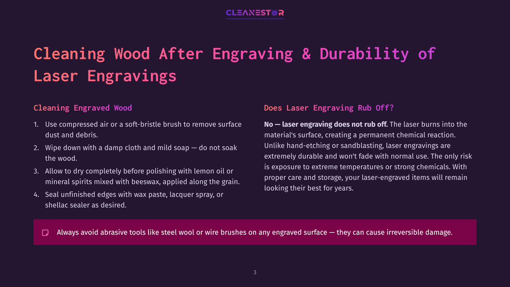 A Slide Titled &Quot;Cleaning Wood After Engraving &Amp; Durability Of Laser Engravings&Quot; From Cleanestor. It Details Cleaning Steps And Laser Engraving Durability.