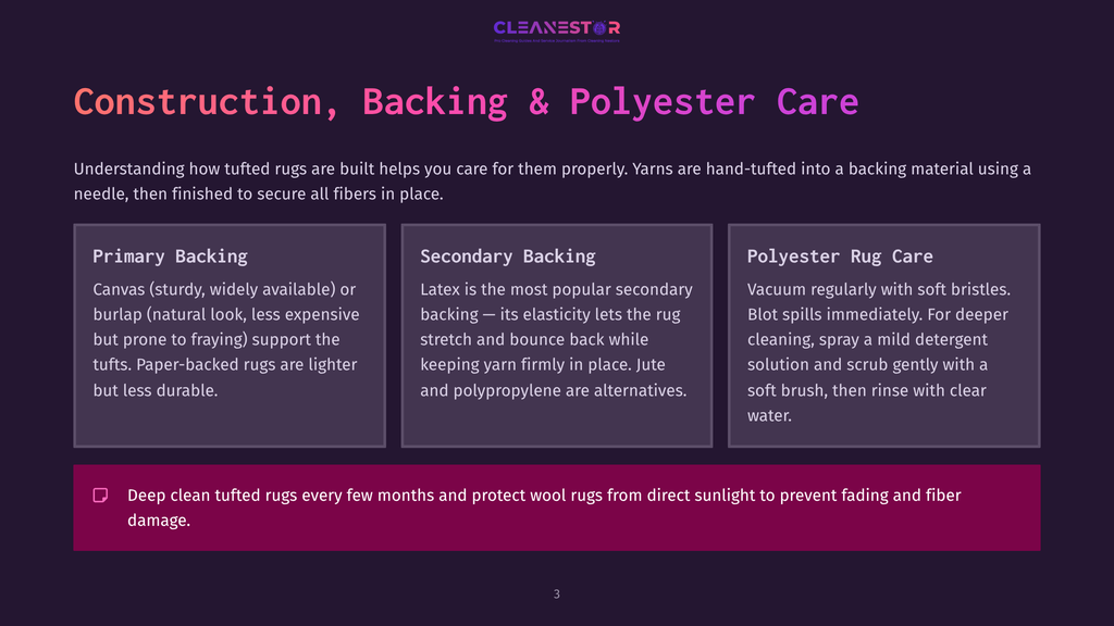 Construction, Backing &Amp; Polyester Care: Information On Primary Backing, Secondary Backing, And Polyester Rug Care With Text About Cleaning And Maintenance.