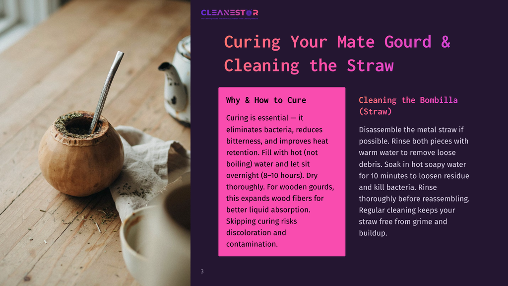 A Traditional Mate Gourd Filled With Yerba Mate And A Silver Bombilla Straw Sits On A Textured Linen Cloth Next To A Ceramic Teapot. Text Overlay Reads &Quot;Cleanestor&Quot; And &Quot;Curing Your Mate Gourd &Amp; Cleaning The Straw&Quot;.