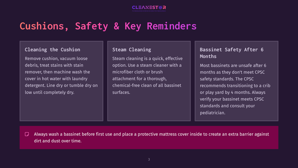 3 Cushions Safety And Key Reminders Image With Text: &Quot;Cleanestor Pro Cleaning Service And Home Sanitation Expert Cleaning Solutions&Quot;. The Slide Contains Three Boxes With Cleaning Tips: &Quot;Cleaning The Cushion&Quot;, &Quot;Steam Cleaning&Quot;, And &Quot;Bassinet Safety After 6 Months&Quot;. A Final Note At The Bottom States: &Quot;Always Wash A Bassinet Before First Use And Place A Protective Mattress Cover Inside To Create An Extra Barrier Against Dirt And Dust Over Time.