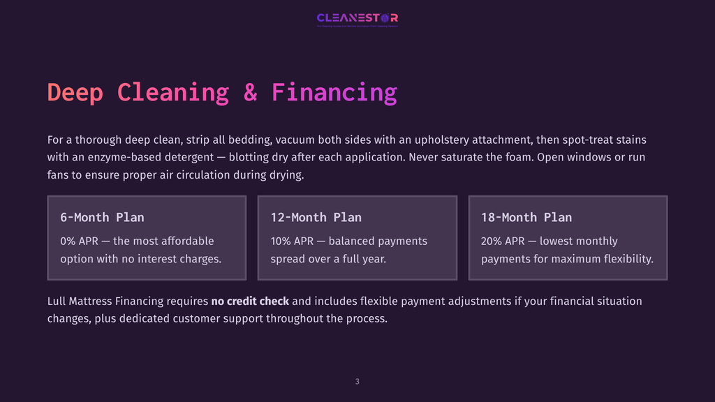 Deep Cleaning &Amp; Financing Options: 6-Month Plan (0% Apr), 12-Month Plan (0% Apr), And 18-Month Plan (20% Apr). Lull Mattress Financing Requires No Credit Check.
