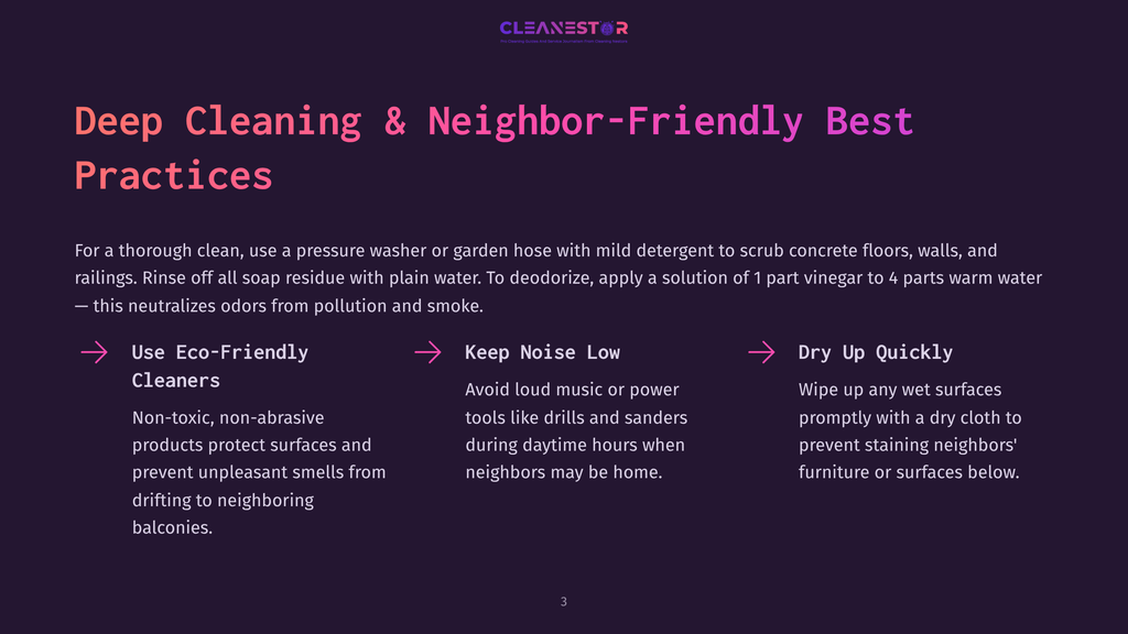 Deep Cleaning &Amp; Neighbor-Friendly Best Practices: Use Eco-Friendly Cleaners, Keep Noise Low, Dry Up Quickly. Text On A Dark Purple Background With A Cleanestor Logo.