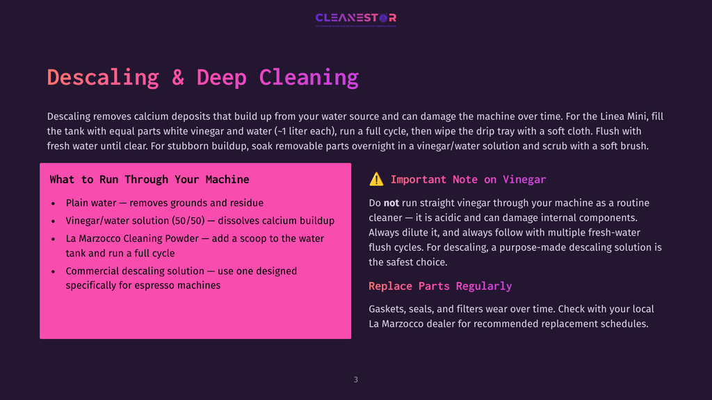 A Dark Purple Slide With White Text Titled &Quot;Descaling &Amp; Deep Cleaning&Quot; And &Quot;What To Run Through Your Machine&Quot; Detailing Cleaning Solutions For Espresso Machines.