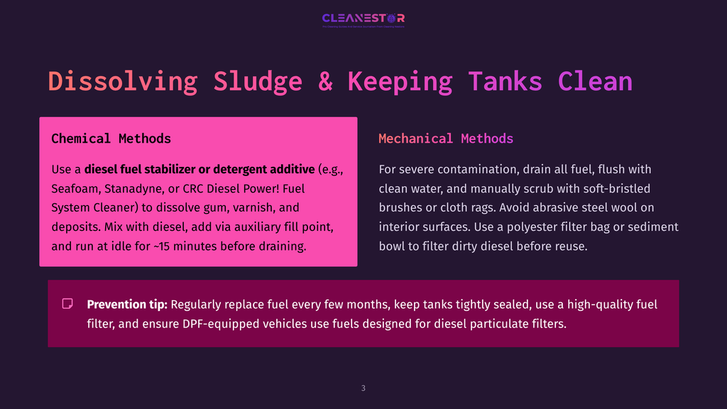 Infographic Detailing Methods For Dissolving Sludge And Keeping Diesel Tanks Clean, With Sections On Chemical And Mechanical Methods, And A Prevention Tip.