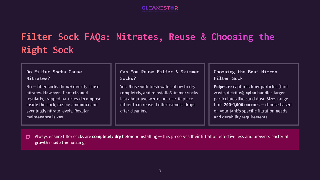 3 Filter Sock Faqs Nitrates Reuse And Choosing The Right Sock Cleanestor Filter Sock Faqs: Nitrates, Reuse &Amp; Choosing The Best Micron Filter Sock. Three Columns Detail Filter Sock Use, Care, And Material Selection.