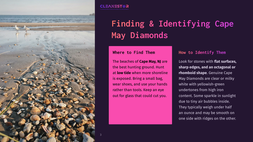 3 Finding And Identifying Cape May Diamonds Close-Up Of A Sandy Beach With Shells And Pebbles, Featuring The Cleanestor Logo And Text About Finding Cape May Diamonds.