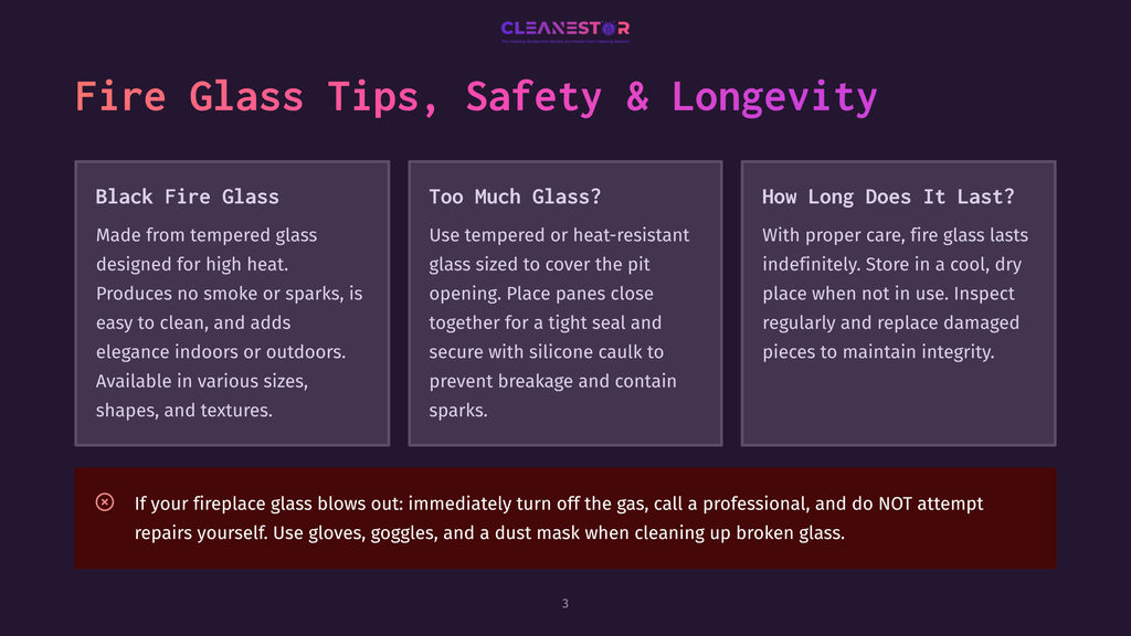 Fire Glass Tips, Safety &Amp; Longevity: Black Fire Glass, Too Much Glass?, How Long Does It Last? Sections With Tips And Warnings About Fire Glass.