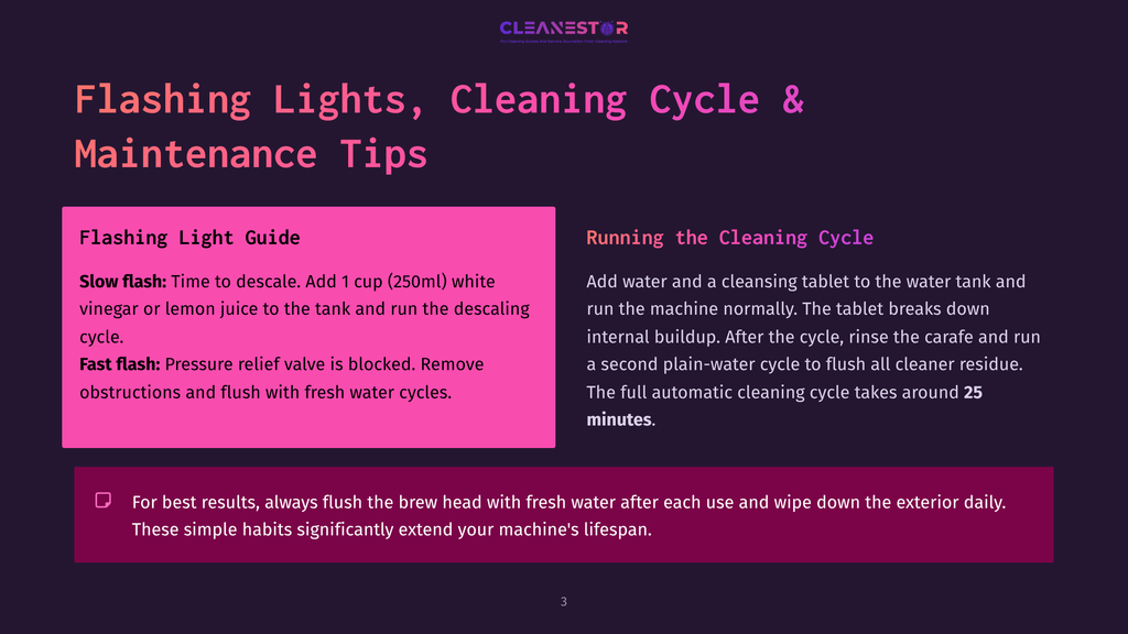 Cleanestor Logo At The Top Of A Slide With The Title &Quot;Flashing Lights, Cleaning Cycle &Amp; Maintenance Tips&Quot; In Purple Text. The Slide Details &Quot;Flashing Light Guide&Quot; And &Quot;Running The Cleaning Cycle&Quot; With Bullet Points And Instructions.