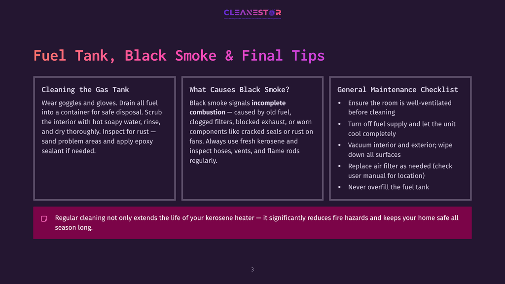 Infographic With Text On Cleaning A Gas Tank, Causes Of Black Smoke, And General Maintenance Checklist For A Kerosene Heater, With A Purple Border And Logo.