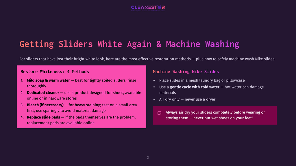 Slide Detailing How To Restore White Sneakers And Machine Wash Nike Slides, Including Cleaning Methods And Washing Instructions.