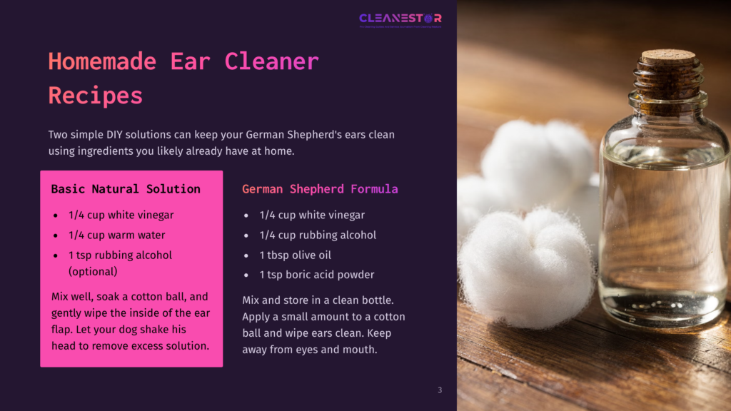 Homemade German Shepherd Ear Cleaner Recipes On A Dark Background With A Bottle Of Clear Liquid And Cotton Balls.