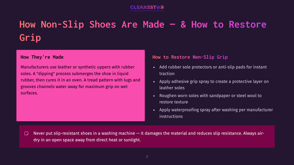How Non-Slip Shoes Are Made &Amp; How To Restore Grip: Manufacturers Use Liquid Rubber For Dipping Soles, Curing Them In An Oven. Tread Patterns Create Channels For Water. Add Rubber Sole Protectors Or Anti-Slip Pads To Restore Texture And Waterproofing.