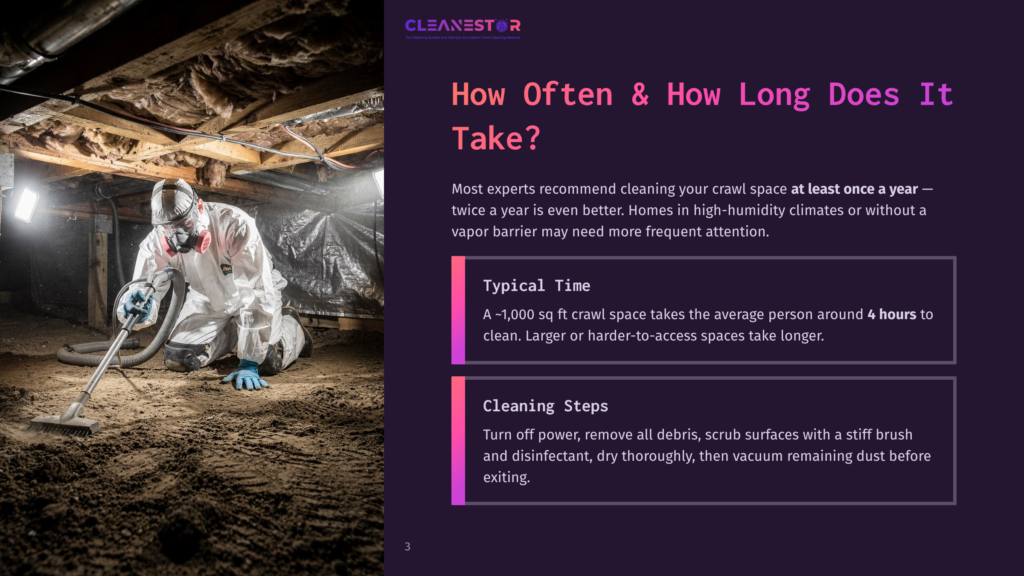 A Person In A White Hazmat Suit And Respirator Cleans A Dusty Crawl Space With A Vacuum Cleaner, Illuminated By Bright Lights.