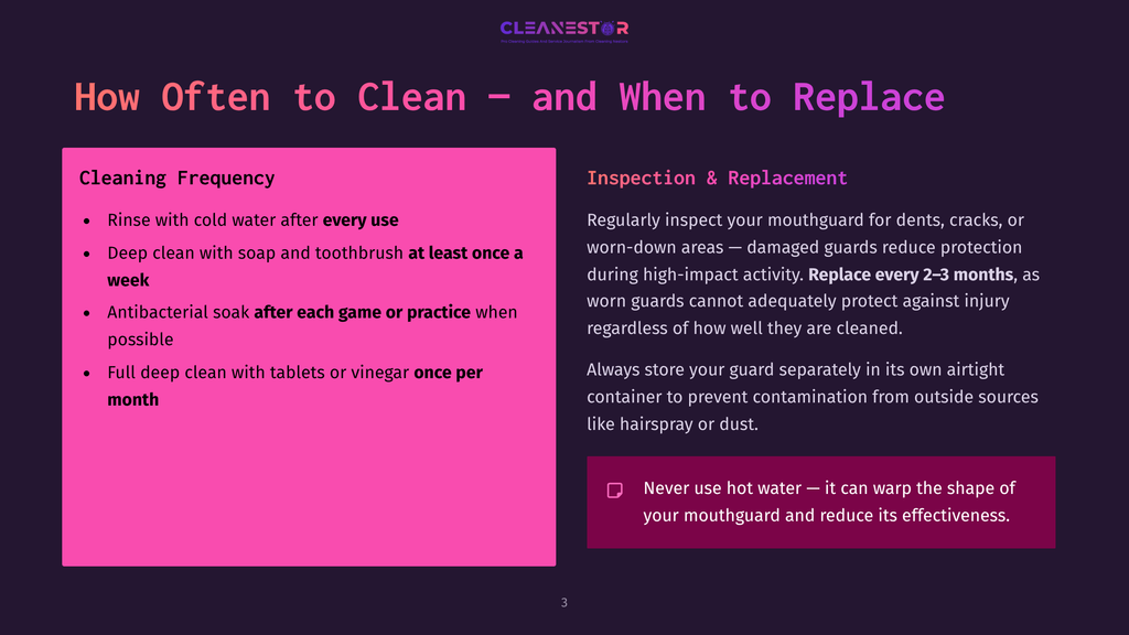 Infographic With Text Detailing How Often To Clean And When To Replace Mouthguards. Includes Cleaning Frequency Steps And Inspection/Replacement Advice, With A &Quot;Never Use Hot Water&Quot; Warning.
