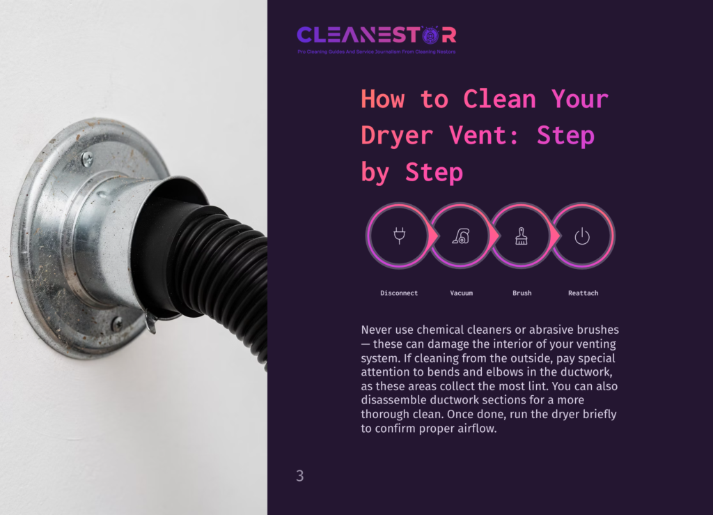 Close-Up Of A Dryer Vent Hose Connected To A Wall Outlet. The Image Is Part Of A &Quot;How To Clean Your Dryer Vent: Step By Step&Quot; Guide, Showing The Initial Connection Point.