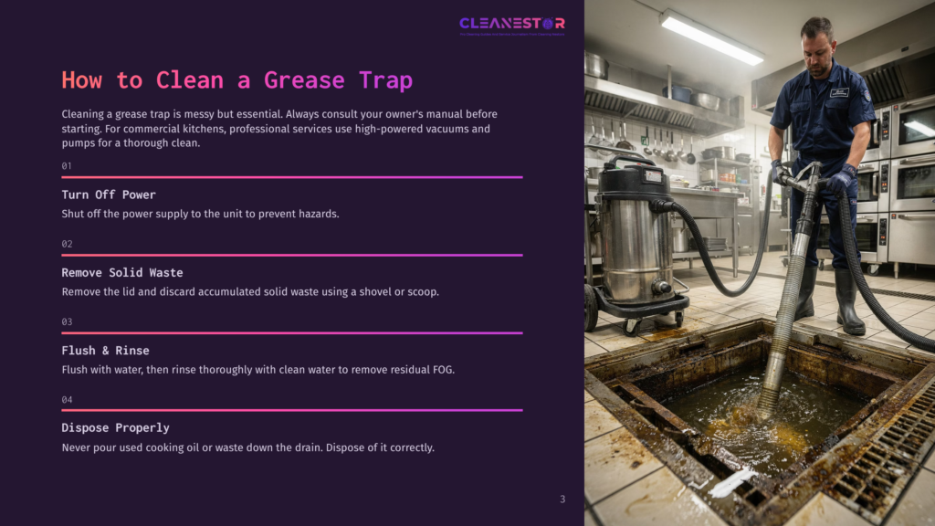 3 How To Clean A Grease Trap A Worker In Blue Overalls And Gloves Uses A Powerful Vacuum Hose To Clean A Large, Greasy Kitchen Trap Filled With Murky Water And Debris. The Scene Is Steamy And Industrial, With Commercial Kitchen Equipment Visible In The Background.