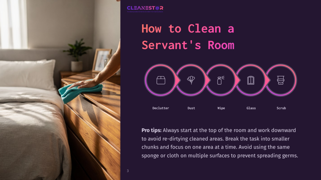 A Hand With A Turquoise Cloth Dusts A Wooden Dresser In A Bedroom. The Image Also Features A Graphic With The Text &Quot;How To Clean A Servant'S Room&Quot; And Icons Representing Decluttering, Dusting, Wiping, Glass Cleaning, And Scrubbing.