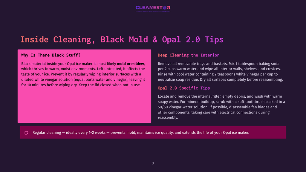 Cleanestor Opal 2.0 Ice Maker Cleaning Guide With Text Detailing How To Clean Black Mold And Prevent It With White Vinegar Solution.