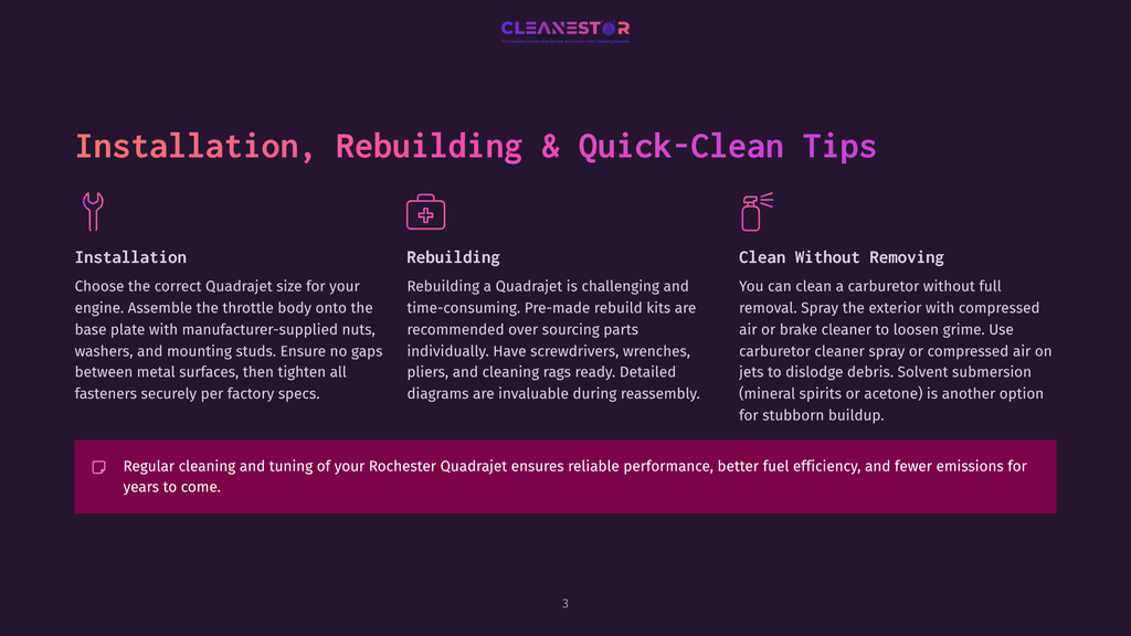 Diagrams And Text Outline The Installation, Rebuilding, And Cleaning Of A Rochester Quadrajet Carburetor, Emphasizing Proper Procedures For Optimal Performance And Emissions.