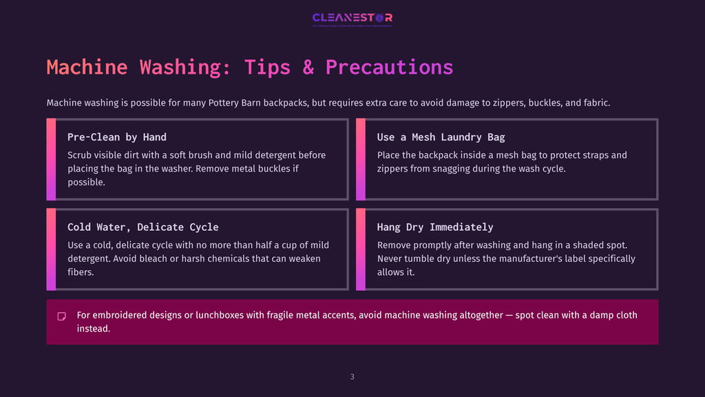 Machine Washing Tips &Amp; Precautions For Pottery Barn Backpacks: Pre-Clean, Mesh Bag, Cold Water, Delicate Cycle, Hang Dry.