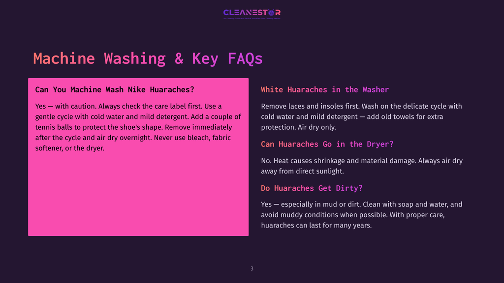 A Dark Purple Slide Titled &Quot;Machine Washing &Amp; Key Faqs&Quot; With A Pink Section Detailing How To Wash Nike Huaraches And A White Section With Faqs About Washing Huaraches In A Machine.