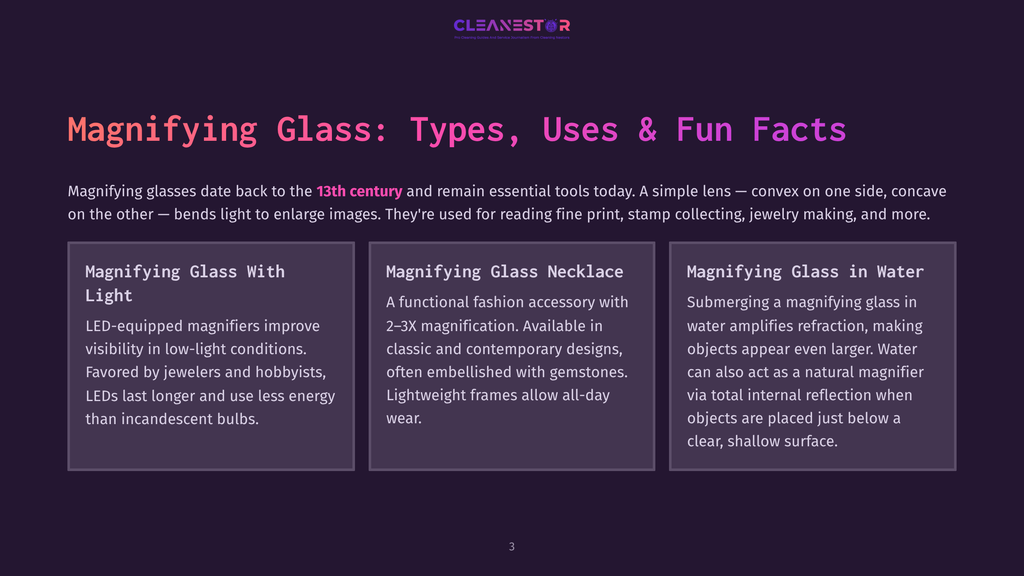 Magnifying Glass: Types, Uses &Amp; Fun Facts. Three Panels Describe Magnifying Glass With Light, Necklace, And In Water. Text From Cleanestor Brand.