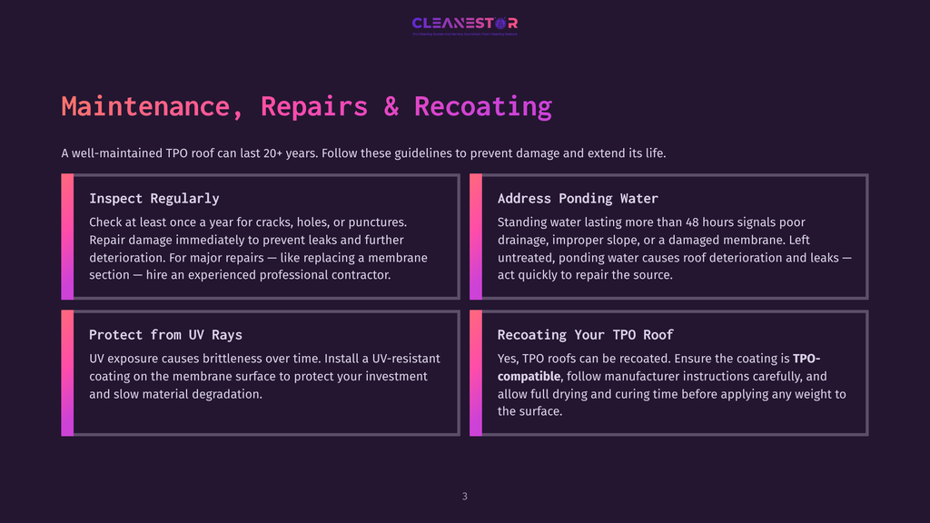 Diagram Outlining Tpo Roof Maintenance, Repairs, And Recoating. Sections Include &Quot;Inspect Regularly,&Quot; &Quot;Address Ponding Water,&Quot; &Quot;Protect From Uv Rays,&Quot; And &Quot;Recoating Your Tpo Roof.