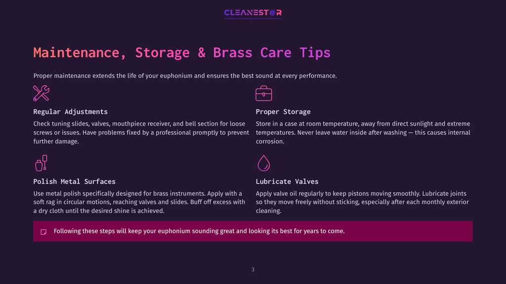 Cleanestor Logo With Text &Quot;Maintenance, Storage &Amp; Brass Care Tips&Quot; And Sections On &Quot;Regular Adjustments,&Quot; &Quot;Polish Metal Surfaces,&Quot; &Quot;Proper Storage,&Quot; And &Quot;Lubricate Valves.