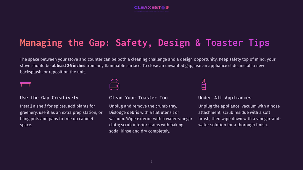 Illustration Of Three Icons: A Shelf With Plants, A Toaster With A Crumb Tray, And A Bottle. Text Reads &Quot;Managing The Gap: Safety, Design &Amp; Toaster Tips,&Quot; &Quot;Use The Gap Creatively,&Quot; &Quot;Clean Your Toaster Too,&Quot; And &Quot;Under All Appliances.