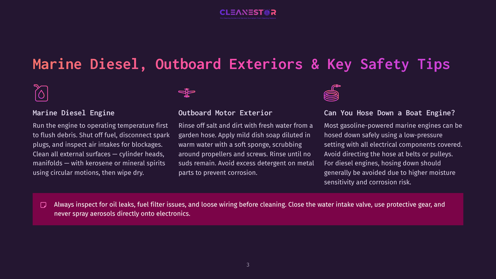 Infographic With Text About Cleaning And Safety For Marine Diesel And Outboard Boat Engines, Featuring Icons Of A Spray Bottle, Propeller, And Hose.