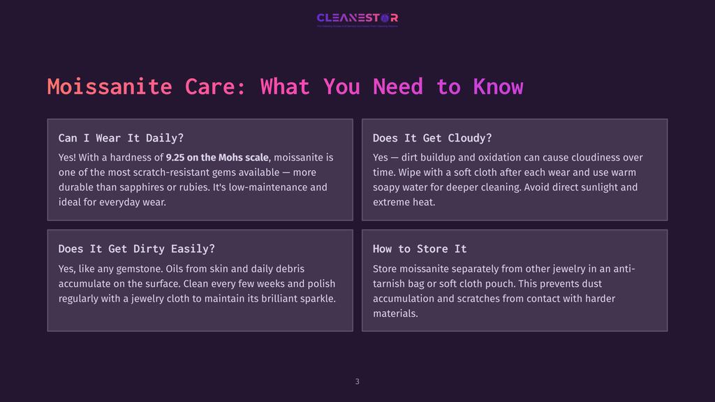 Cleanestor Moissanite Care: &Quot;Can I Wear It Daily?&Quot;, &Quot;Does It Get Cloudy?&Quot;, &Quot;Does It Get Dirty Easily?&Quot;, &Quot;How To Store It&Quot;.