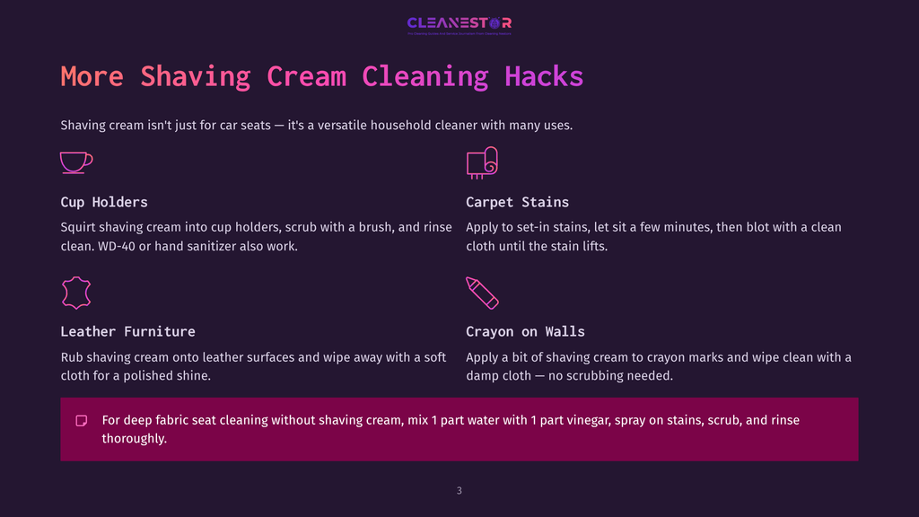 A Graphic With The Title &Quot;More Shaving Cream Cleaning Hacks&Quot; Lists 5 Cleaning Tips: Cup Holders, Carpet Stains, Leather Furniture, Crayon On Walls, And A Tip For Deep Fabric Seat Cleaning. The Text Is In English On A Dark Background.