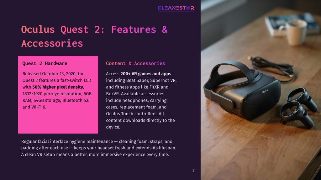 3 Oculus Quest 2 Features And Accessories Oculus Quest 2 Vr Headset And Controllers On A Wooden Table, With Text Overlay Detailing Features And Accessories.