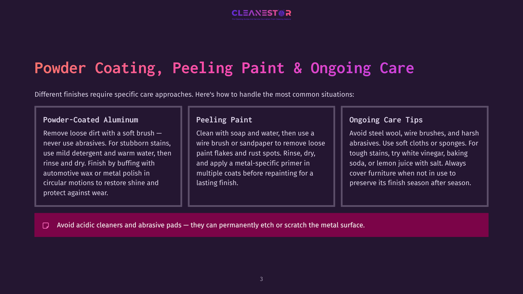 Infographic Detailing Care For Powder-Coated Aluminum, Peeling Paint, And Ongoing Maintenance. Includes Tips For Cleaning, Removing Rust, And Avoiding Harsh Chemicals.