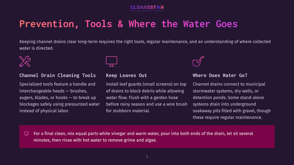A Graphic With The Title &Quot;Prevention, Tools &Amp; Where The Water Goes&Quot; And Three Sections: &Quot;Channel Drain Cleaning Tools,&Quot; &Quot;Keep Leaves Out,&Quot; And &Quot;Where Does Water Go?&Quot; With Icons And Descriptions.